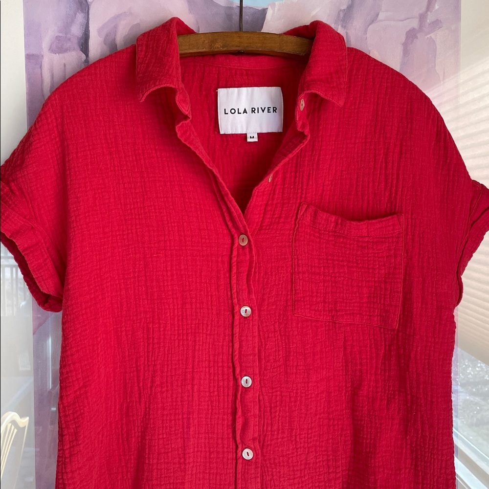 Lola River Cherry Red Button Down Textured Cotton Gauze Shirt, Size M - Picture 2 of 4